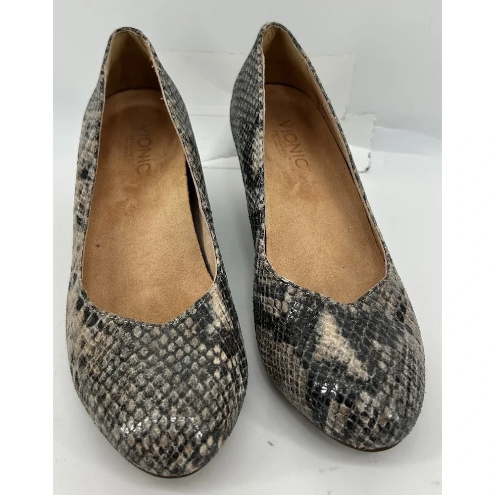 Vionic Antonia Wedge Pumps Beige And Black Snake Print Leather Women's‎ Size 7